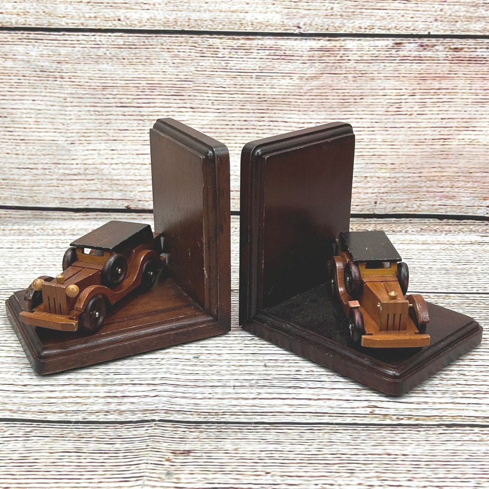 Vintage‎ Wooden Bookends Set Antique Classic Model Car Handcrafted Dark Wood 6in